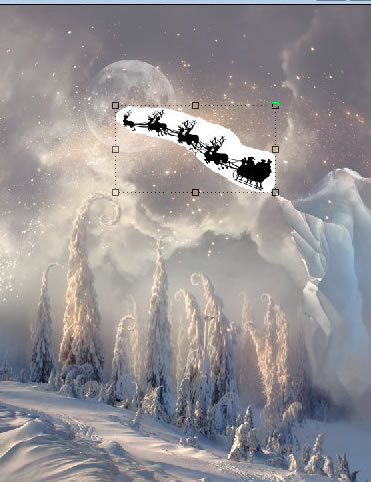 Christmas night, new year card, flying Santa Claus, fairy christmas landscape, snow scene, christmas trees, iceberg, night stars, moon light, santa's deers, christmas sleigh.